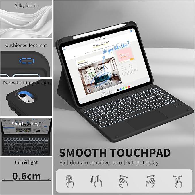JKSML for iPad(A16) 11th/10th Generation Case with Keyboard (11/10.9 inch) 2025/2022, 7 Color Backlight Detachable Bluetooth Cover with Trackpad, Flip Stand Case Thin with Pencil Holder, Black