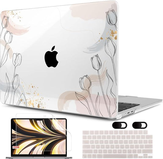 MEEgoodo Case for MacBook Air M4/M3/M2 13.6 inch 2025 2024 2022, Fit Model A3240 A3113 A2681, Compatible with MacBook Air 13 inch,Laptop Hard Shell Case with Keyboard Cover,Engraving Hand Drawn Floral