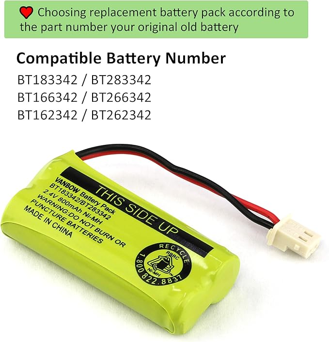 BT183342/BT283342 2.4V 800mAh Ni-MH Battery Pack, Compatible with AT&T VTech Cordless Phone Batteries BT166342/BT266342 BT162342/BT262342 CS6709 CS6609 CS6509 CS6409 EL52100 EL50003 (Pack 4)
