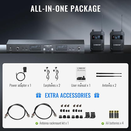 Phenyx Pro UHF Mono Dual Wireless in-Ear Monitor System, Metal Wireless IEM System, Sturdy Bodypack Receiver, 2x50 Frequencies, Separate Outputs,164ft Operation, Suitable for Band and Studio (PTM-22)
