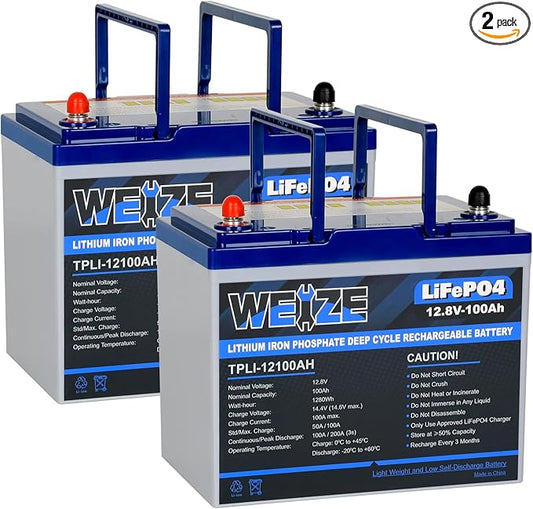 WEIZE 12V 100Ah LiFePO4 Lithium Battery, Upgrade Mini Size & Lightweight, 100A Smart BMS, Deep Cycle Low Temperature Protection Battery for RV, Solar, Marine, Trolling Motor (2 Packs)