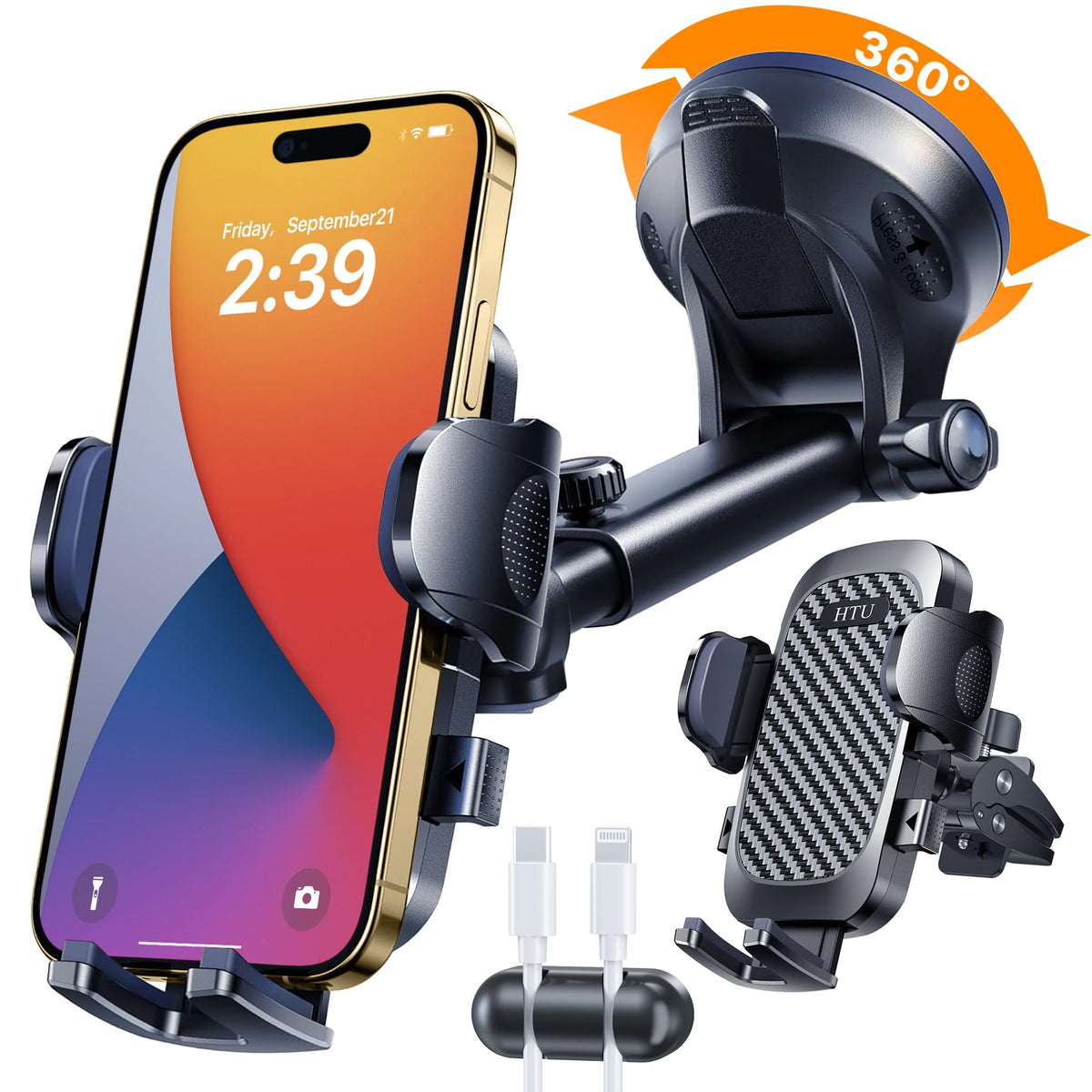 2026 Ultimate Best【True Military-Grade & Safety Cert】Car Phone Holder HTU【Upgraded 360° Rotation & 100LBS Strongest Suction】5-in-1 Truck Windshield Dashboard Vent Mount Stand for iPhone Android, Black