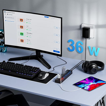 Powered USB Hub, 10-Port USB Splitter Hub (7 Faster Data Transfer Ports+ 3 Smart Charging Port) with Individual LED On/Off Switches and 12V/3A Power Adapter USB Extension for Mac, PC and More