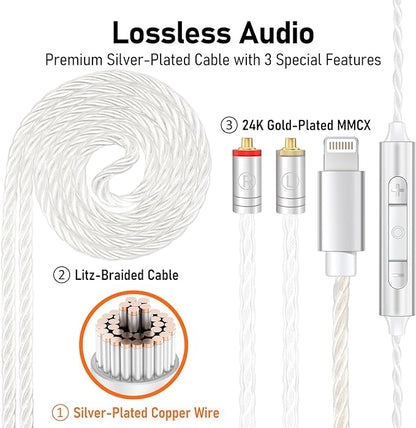 Vibes 202ML Wired Earbuds - HiFi in Ear Headphones - Noise-Isolating Ear Buds w/ Mic - Clear Sound, Deep Bass, Comfort-Fit Earphones - MMCX–Lightning for iPhone 5–14, Silver Plated Cord, Carrying Case