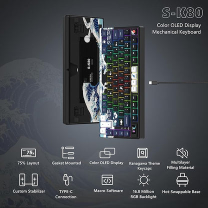 Womier S-K80 75% Keyboard with Color Multimedia Display Mechanical Gaming Keyboard, Wired Hot Swappable Gasket Mount RGB Custom Key Board, Pre-lubed Stabilizer for Mac/Win, Black Kanagawa