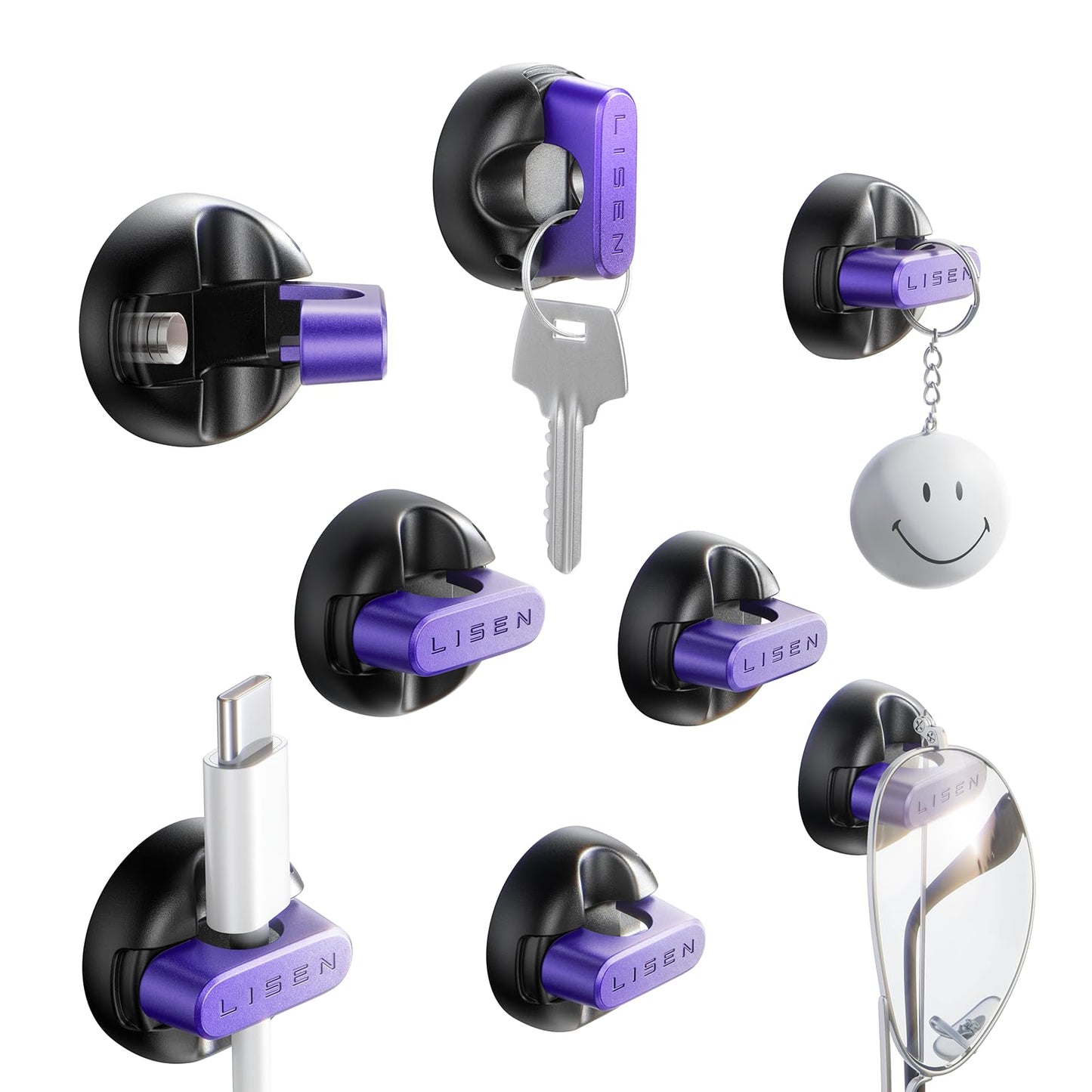 LISEN Magnetic Charging Cord Holder 8-Pack Charging Cord Organizer [1S Click-in], Easy Open Cable Holder with Strong Adhesive, Cable Management Clips Neatly for Nightstand, Desk, Home, Office, Purple