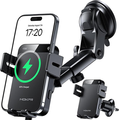 MOKPR Wireless Car Charger, 15W Auto Clamping Car Charger Dash Windshield Air Vent Phone Holder Compatible with iPhone 16 15 14/13/13 Pro/12 pro/12/11/X/8, Samsung S24/S23/S22