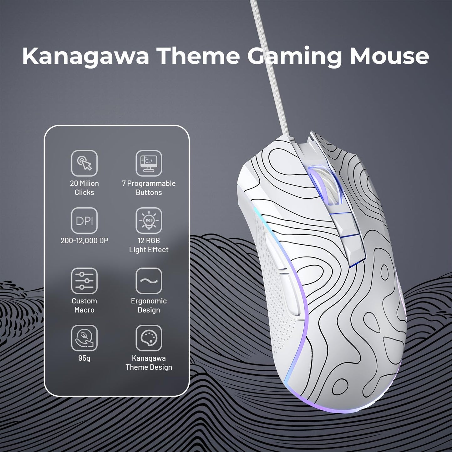 XVX G705 Wired Gaming Mouse, 12000 DPI RGB Gaming Mouse with 12 Backlit Modes & 7 Macro Buttons, PC Gaming Mice Support DIY Keybinding, Mouse Gamer Computer Mouse for Laptop PC Mac Windows,Topographic