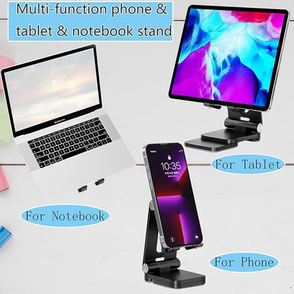 Folding Cell Phone Stand,Laptop Stand, Adjustable Height and Angle Foldable Cell Phone Stand Holder for Desk, Taller iPhone Stand Compatible with 4-11" Smartphones iPad Tablet Laptop (Black)