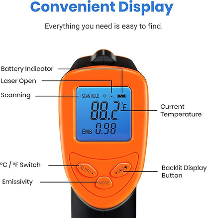 Etekcity Infrared Thermometer 1080, Heat Temperature Temp Gun for Cooking, Laser IR Surface Tool for Pizza Oven, Meat, Griddle, Grill, HVAC, Engine, Accessories, -58°F to 1130°F, Orange