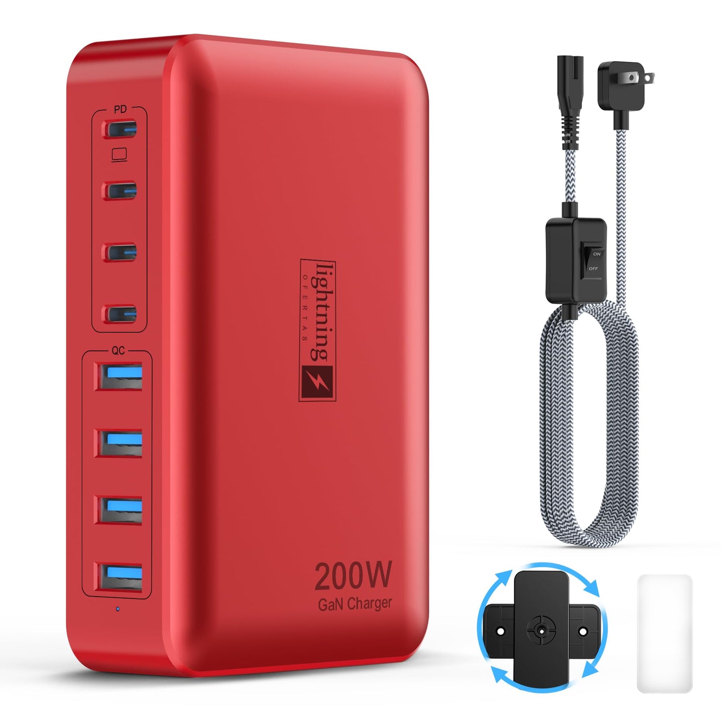 8-Port USB Charger Block 200W with Flat Plug, Braided Power Cord, and On/Off Switch- USB Charging Hub for iPhone, iPad, MacBook and More- 65W C Port Power Adapter for Laptops