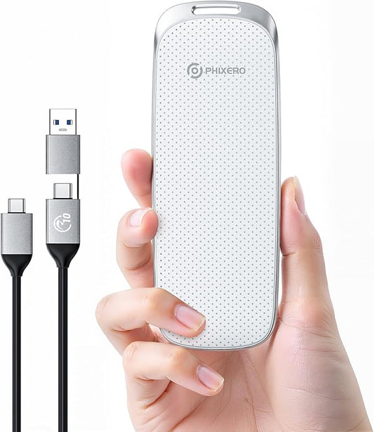 PHIXERO P10PRO External NVMe SSD 256GB, Up to 1050MB/s, USB 3.2 Gen2, Includes 2-in-1 USB C Cable, Portable Hard Drive for iPhone 15/16 PRO/Android/Mac, White