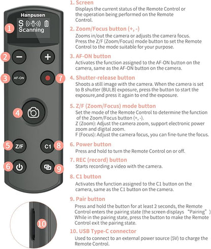 Hanpusen Rechargeable Camera Remote Control for Sony - Wireless Shutter Release with OLED Screen compatiable with ZV-1F,ZV-1II,ZV-1,ZV-E10II,ZV-E10,A6100,A6400,FX30,FX3;Replace Sony RMT-P1BT（Black）