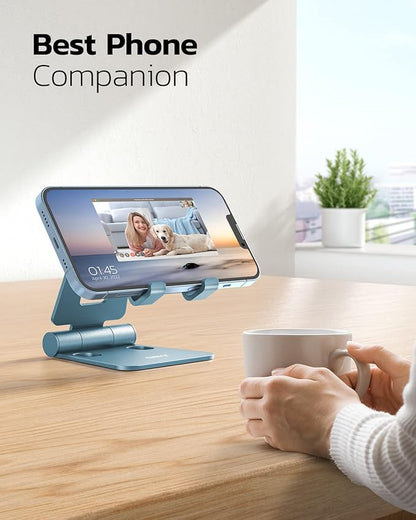 Nulaxy Dual Folding Cell Phone Stand, Fully Adjustable Foldable Desktop Phone Holder Cradle Dock Compatible with iPhone 17 16 15 14 13 12 11 Pro Max Xs Xr X 8, Nintendo Switch, All Phones - Blue