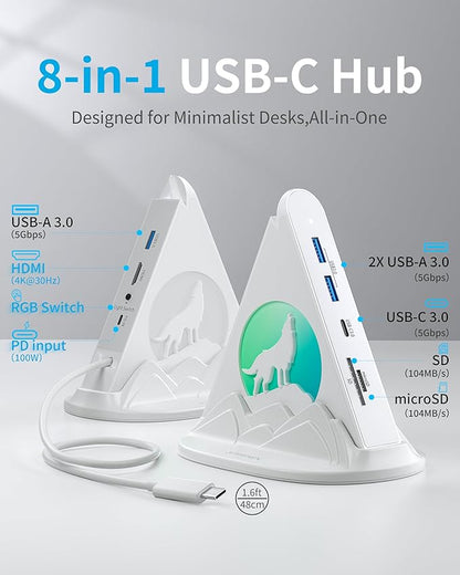 USB C Hub, 8 in 1 USB C Hub Multiport Adapter with 4K HDMI, PD 100W, 5Gbps Type C 3.0, 3xUSB A 3.0, SD/TF Card Reader& RGB Lighting, White Docking Station for MacBook Air/Pro, HP, Laptop, PC(Wolf)