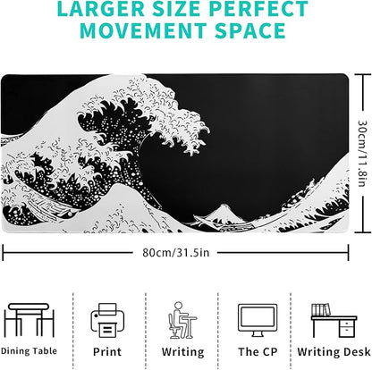 Japanese Sea Wave Large Mouse Pad, Abstract Black Gaming Mousepad, Extended Kanagawa Mat Desk Pad, 3mm Thick Long Non-Slip Rubber Base Mice Pad for Office and Home, 31.5x11.8 Inch