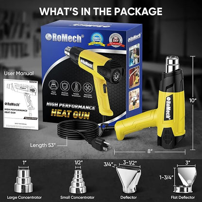 ROMECH 1500W Heavy Duty Heat Gun, Variable Temperature Control Hot Air Gun Kit with 2 Air Flow 120°F~1200°F and 4 Nozzles for Crafts Shrink Wrap (Yellow)