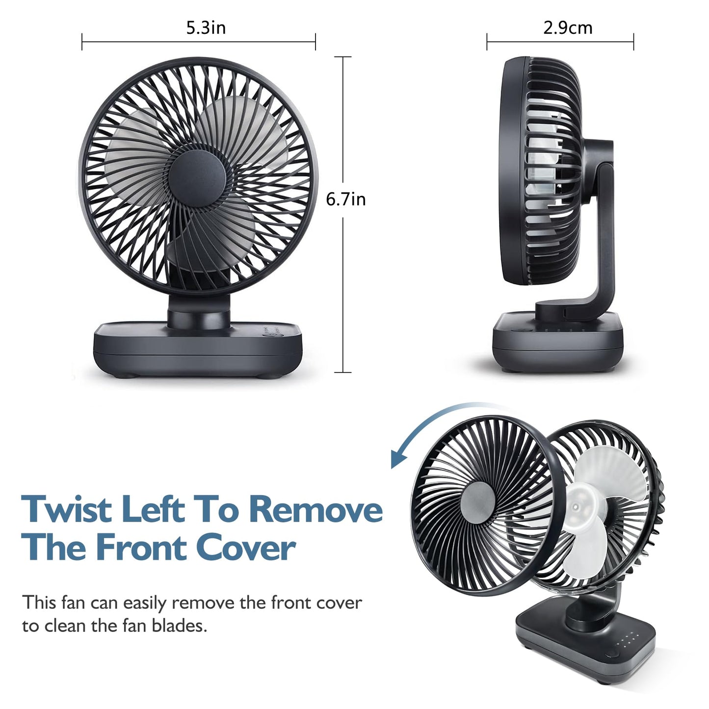 CONBOLA Small Desk Fan for Bedroom, 3600mAh Battery Powered Rechargeable Fan, USB Fan for Desk, 4 Speeds Air Circulator Quiet Table Fan for Home Office, Blue
