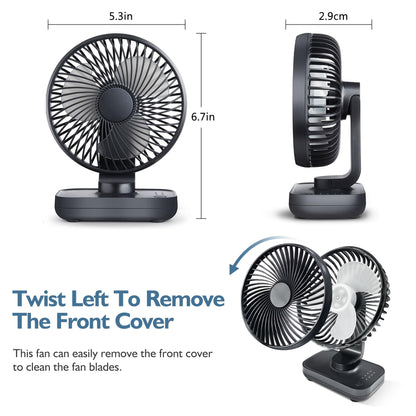 CONBOLA Small Desk Fan for Bedroom, 3600mAh Battery Powered Rechargeable Fan, USB Fan for Desk, 4 Speeds Air Circulator Quiet Table Fan for Home Office, Blue