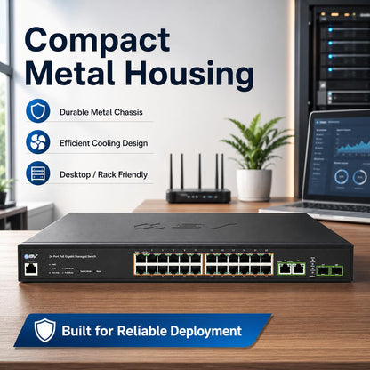 BV-Tech 24-Port Gigabit PoE+ Managed Switch with 2 Ethernet & 2 SFP Uplinks | High-Performance, NDAA Compliant | POE-SW2404G-MG-PLUS