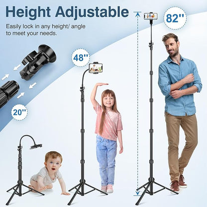 82" Tripod for iPhone,Phone Tripod Compatible with Smartphone/Camera/Gopro,Tall iPhoneTripod with 9.8" Gooseneck and Remote,Cell Phone Tripod Stand for Video Recording Selfies Vlogging