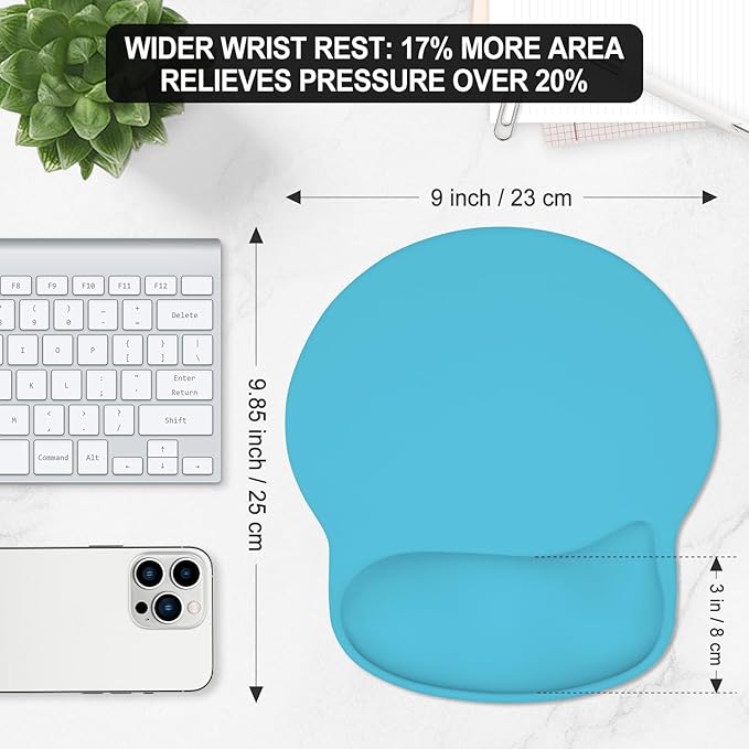 ITNRSIIET Ergonomic Mouse Pad with Wider Memory Foam Wrist Rest +17%, Curved Cushion Reduces Pressure 20%, Pain Relief, Non-Slip, Smooth, Cute Color Desk Accessory, 9.85 x 9 inch, Powder Blue
