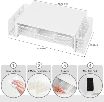 Computer Monitor Stand Riser with Drawer and Pen Holders, Desk Organizer Shelf and Accessories, Office Desk Accessories, Office Organization, White