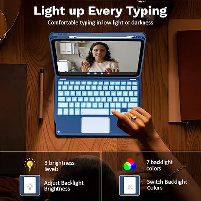 MoKo Touch Keyboard Case for iPad (A16) 11th Generation 11 inch 2025, iPad 10th Generation 10.9 inch Case with Pencil Holder, 7 Colors Backlit TrackPad Detachable Bluetooth Keyboard, Blue Starry Sky