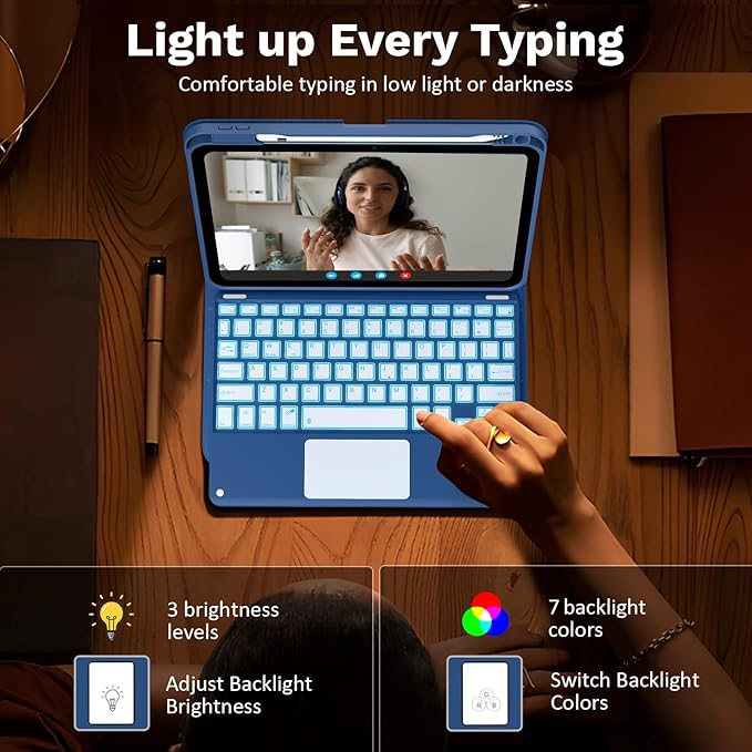 MoKo Touch Keyboard Case for iPad (A16) 11th Generation 11 inch 2025, iPad 10th Generation 10.9 inch Case with Pencil Holder, 7 Colors Backlit Multi-TrackPad Detachable Bluetooth Keyboard, Navy Blue