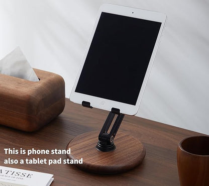 RENMTURE Phone Desk Stand, Adjustable Foldable Cell Phone Stand with 360° Rotation for iPhone 16 15 14 13 Pro ipad, Mobile Phones & Tablets Stable, Ergonomic Holder for Home Office, Walnut Wood Base