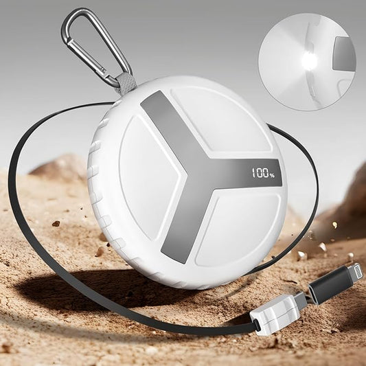 Vivilumens Rugged Power Bank Outdoor Charger 10000mAh USB-C Fast Charging Cable Retractable 25.5 inch Carabiner Wearable Smart Display & Flashlight Battery Pack for Hiking, Camping, Backpacking(White)