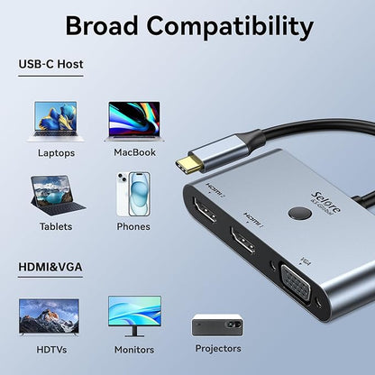 Selore USB C Docking Station 3 Monitors, USB C to Dual HDMI VGA Adapter with One-Touch Multi-Screen Switch and Screen On/Off Button, HDMI Splitter Converter for Dell, HP, Lenovo,MacBook Pro/Air, etc