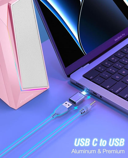 LENRUE Computer Speakers, USB/USB-C Powered PC Speakers with Loud Stereo Sound, Headphone-in for Desktop, iMac, MacBook, Laptop, Monitor (USB-C to USB Adapter Included) (Pink)