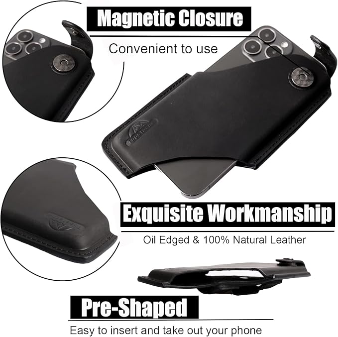 Topstache Leather Belt Phone Pouch for Galaxy S25/S24 Ultra & Plus - Belt Clip & Loop Cell Phone Holster for iPhone 17/16 Pro Max & Plus - Magnetic Closure Leather Case Holder, L,Black