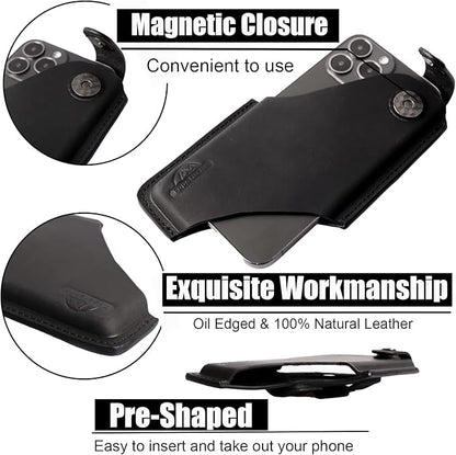 Topstache Leather Belt Phone Pouch for Galaxy S25/S24 Ultra & Plus - Belt Clip & Loop Cell Phone Holster for iPhone 17/16 Pro Max & Plus - Magnetic Closure Leather Case Holder, L,Black