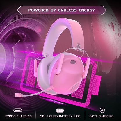 Wireless Gaming Headset for PS5, PS4, PC, NES, Bluetooth 5.3 Gaming Headsets Wireless with Noise Canceling Microphone, Gamer Headphones for Nintendo Switch, 50H Battery - Pink