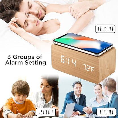OCT17 Alarm Clock with Qi Wireless Charging Pad Compatible with iPhone Samsung Wood LED Digital Clock Sound Control Function, Time Date, Temperature Display for Bedroom Office Home - Wood