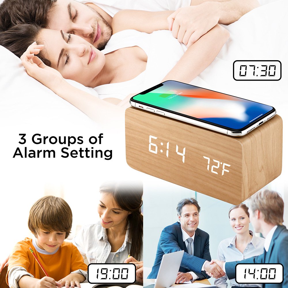 OCT17 Alarm Clock with Qi Wireless Charging Pad Compatible with iPhone Samsung Wood LED Digital Clock Sound Control Function, Time Date, Temperature Display for Bedroom Office Home - Wood