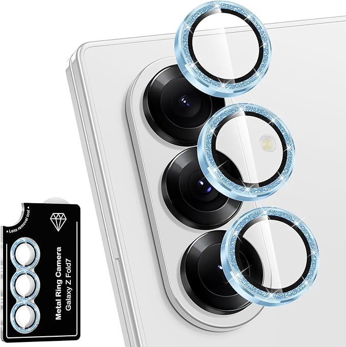 for Samsung Galaxy Z Fold 7 Camera Lens Protector, Individual Metal Ring Tempered Glass Lens Cover, [Strong Adsorption] Scratch Resistant Ultra-Thin HD Clear Lens Cover, 1 Set-Blue Sparkly