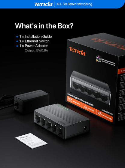 Tenda 5 Port Gigabit Ethernet Switch, Desktop Ethernet Splitter, Unmanaged Network Switch Hub, Plug & Play, Wall-Mount, Fanless Quiet, for Ethernet Cable, Router, PC, NAS (SG105)