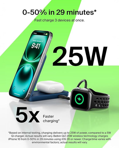 Belkin MagSafe Charger Compatible, 2-in-1 Charging Station, Qi2.2 25W Magnetic Wireless Charger Dock, Foldable Stand, with 5W USB-C Port, for iPhone 16/15/14, AirPods (45W Adapter Included)