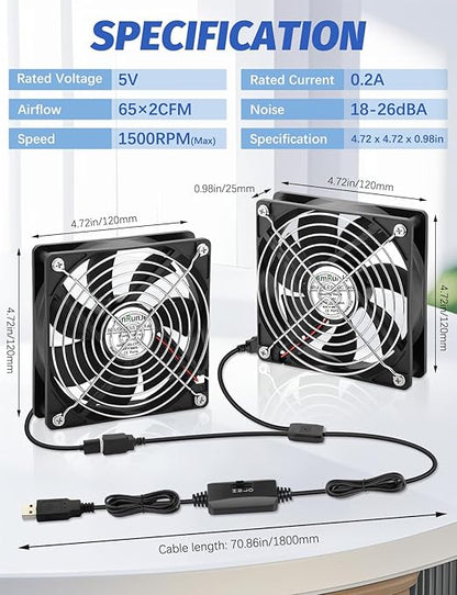 2 Packs AmRunJe 120mm x 25mm USB Cooling Fan 5V Brushless Dual Fan with Speed Controller for Computer Receiver DVR Xbox AV Cabinet Projector Router