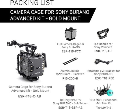 Tilta Camera Cage Compatible with Sony BURANO | Arri Rosettes, 1/4"-20 and 3/8"-16 Threads | w/Top Handle, Left/Right Side Arm, Battery Plate (Advanced Kit - Gold Mount)