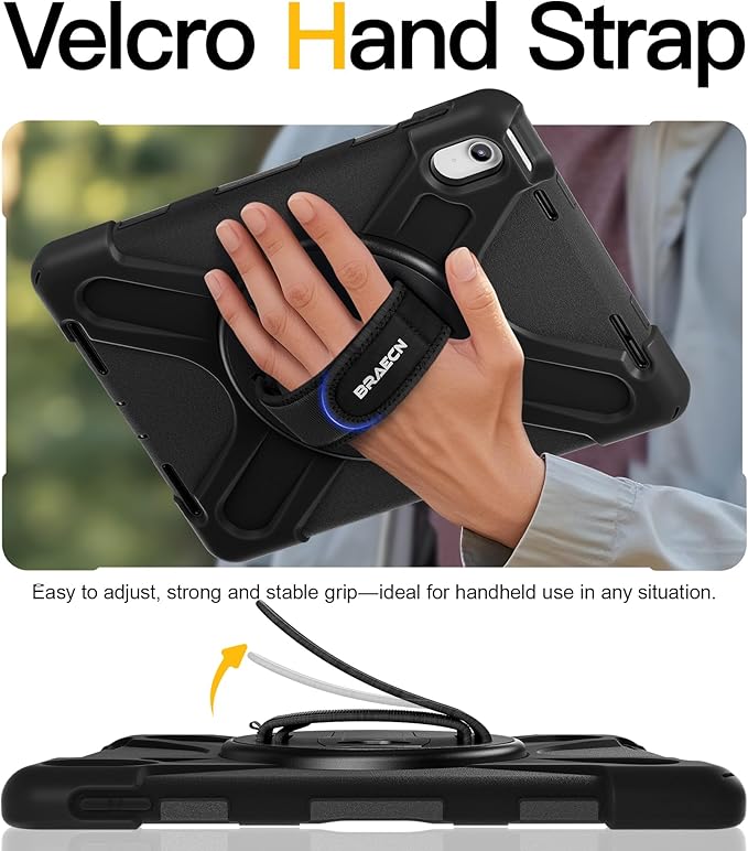 BRAECN for iPad (A16) 11th/10th Generation case 11/10.9 inch 2025/2022 Heavy Duty Shockproof Protective with Pencil Holder Screen Protector 360°Rotating Stand Handle & Shoulder Strap Full Body Cover