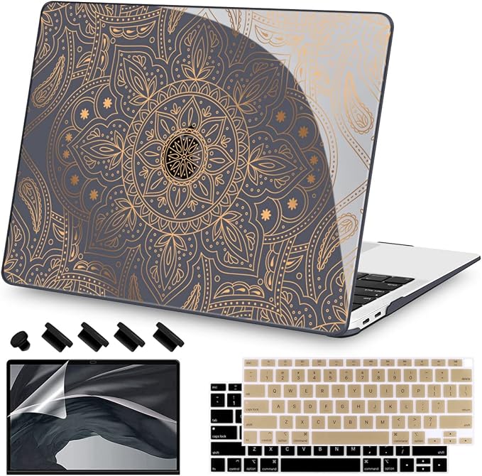 Teryeefi Compatible with MacBook Air 13 inch Case M1 Chip A2337 A2179 A1932 Retina Display Touch ID (A2018 2019 2020 Release), Plastic Hard Shell & Keyboard Cover & Screen Protector,Gold Mandala