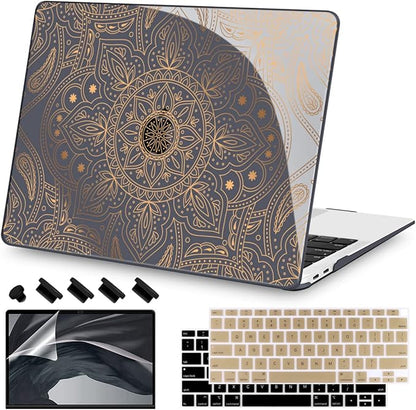 Teryeefi Compatible with MacBook Air 13 inch Case M1 Chip A2337 A2179 A1932 Retina Display Touch ID (A2018 2019 2020 Release), Plastic Hard Shell & Keyboard Cover & Screen Protector,Gold Mandala