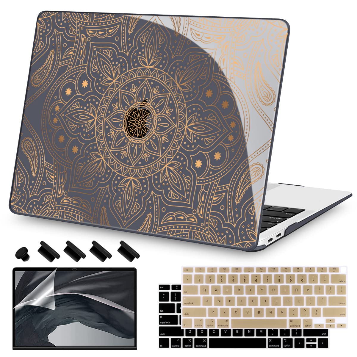 Teryeefi for MacBook Air 13 inch Case 2021 2020 2019 2018 Release (Model A2337 A2179 A1932 Retina Display with Touch ID), Plastic Hard Shell Case & Keyboard Cover for MacBook Air 13 M1, Gold Flowers