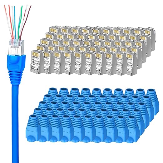 Brileine 50-Pack Cat 6 Shielded Pass Through RJ45 Connectors + 50Pack RJ45 Strain Relief Boots, 8P8C Modular Ethernet STP Network Cable Plug End for Cat6 Cat5e