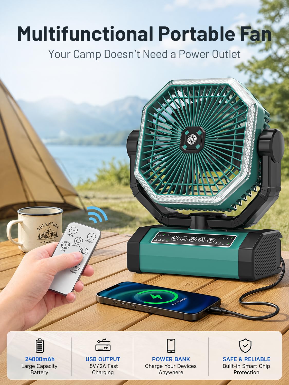 Portable Rechargeable Fan - 9-Inch Camping Fan for Tent, 24000mAh(60Hrs) Battery Operated Fan for Camping, Auto Oscillation Cordless Fans, Tent Fan with Remote/Light, 4 Speeds, 4 Timing, Outdoor