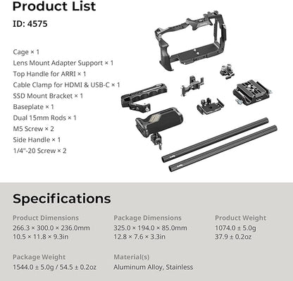 SmallRig Camera Cage Advanced Kit for Blackmagic Design Cinema 6K, Only for BMCC 6K, with Top Handle, Rotating Side Handle, SSD Bracket, Cable Clamp, Lens Mount Adapter, 15mm Rods and Baseplate - 4575